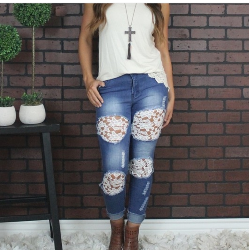 Brand New Boutique Distressed jeans w/ Lace insert